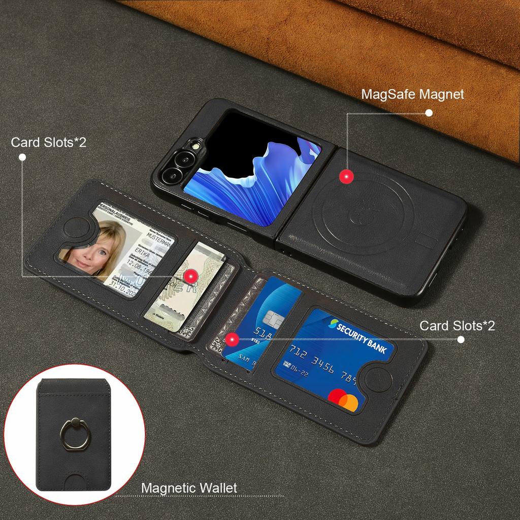 For Samsung Galaxy Z Flip5 5G Magnetic Case PC+PU Phone Back Cover with Detachable Card Holder
