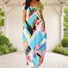 Women Plus Size Round Neck Short Sleeve Abstract Printed Blue Green Loose Long Dress With Side Pockets