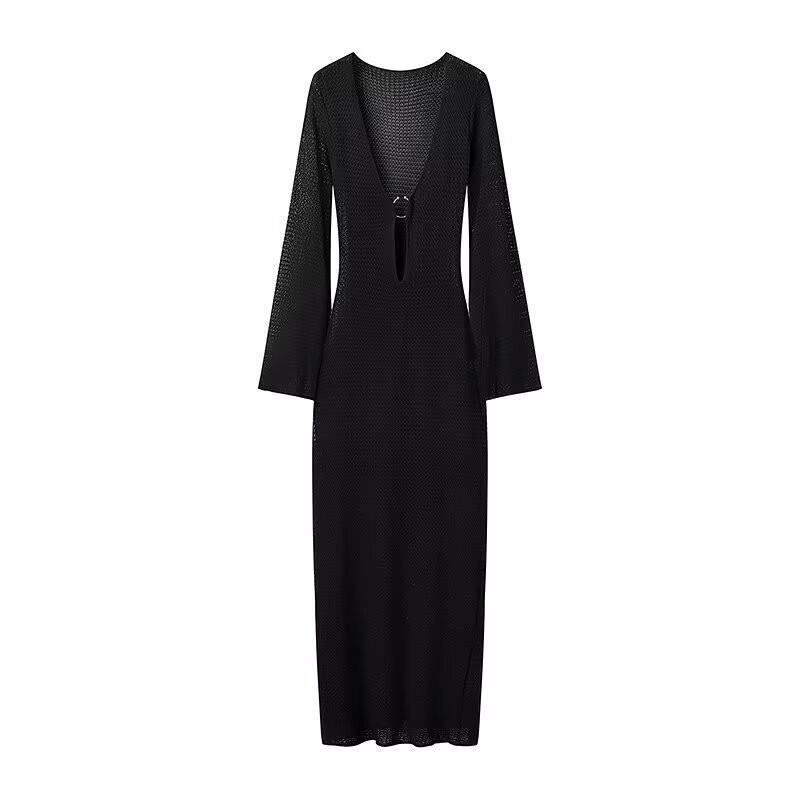 Womens Sexy V-Neck Flared Sleeve Long Knit Dress Party Date