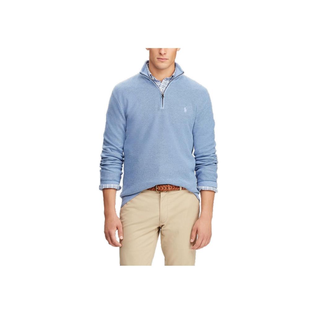Polo Ralph Lauren FW23 Трикотажный свитер с длинным рукавом на молнии до середины, с вышивкой логотипа Pony, мужской свитер, небесно-голубой, MNPOSWE16810318-B28