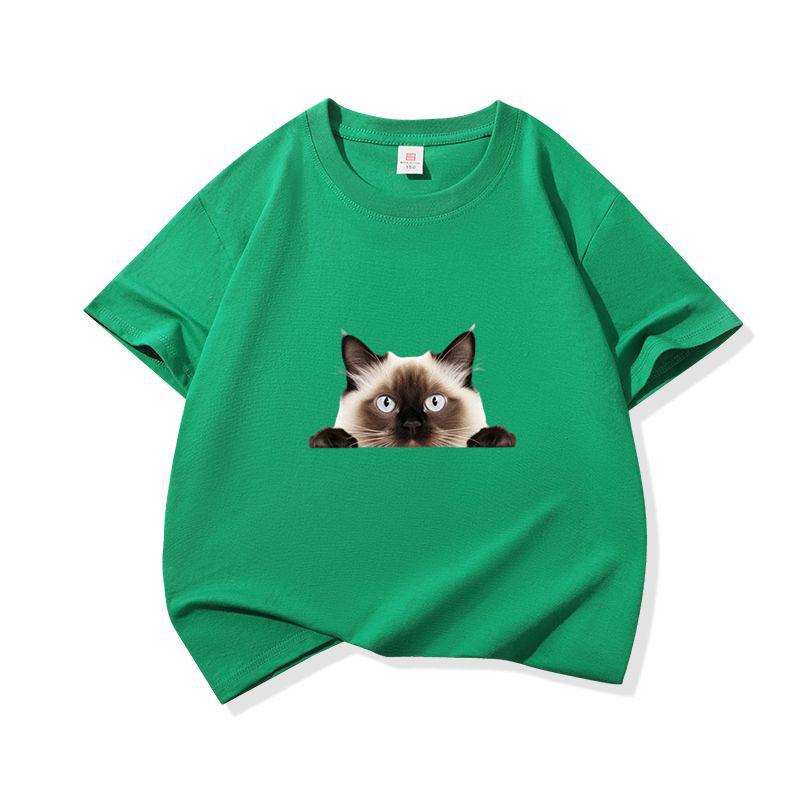 Kids Cotton T Shirt Peeking Siamese Cat Pattern Print Crew Neck Short Sleeve Tee Casual Breathable Boys Girls Summer Tops