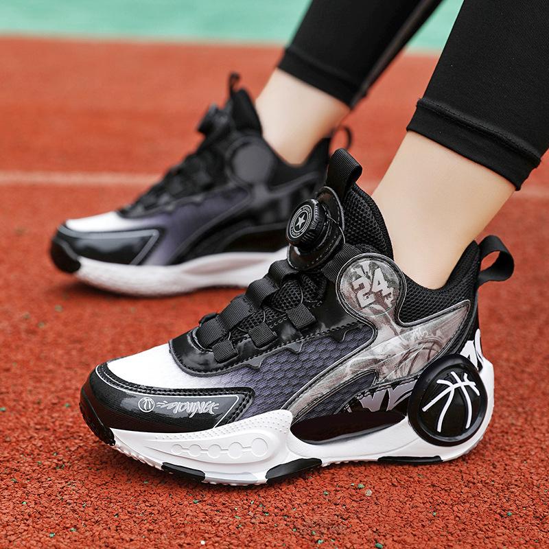 Обувь для мальчиков 2024 года, летняя новая детская спортивная обувь с вращающейся пряжкой для детей среднего и старшего возраста, модные классные баскетбольные кроссовки из сетки