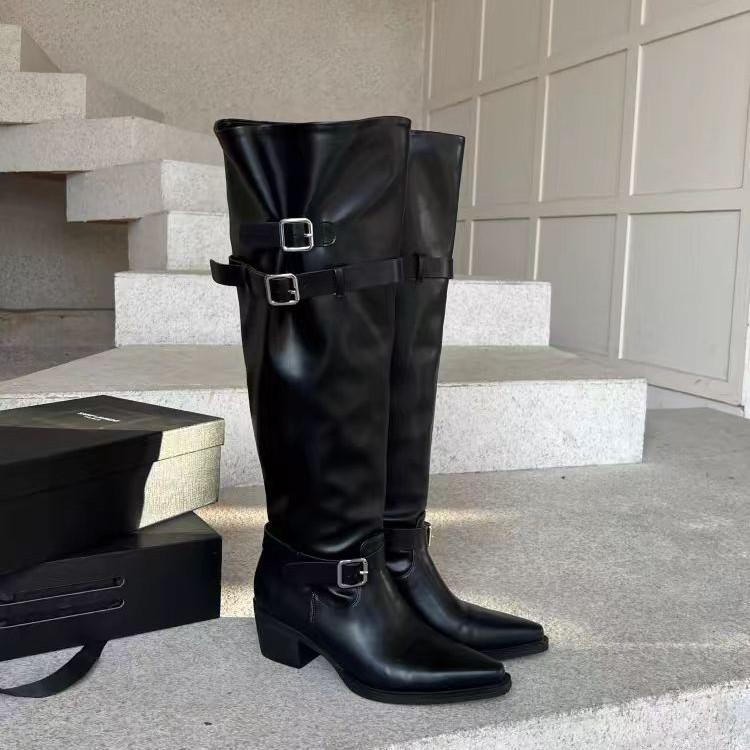Осень/Зима Новые Сапоги-чулки Толстый каблук Острый носок Пряжка-ремень Высокий голенище Сапоги-рыцари Острая девушка Широкие длинные сапоги