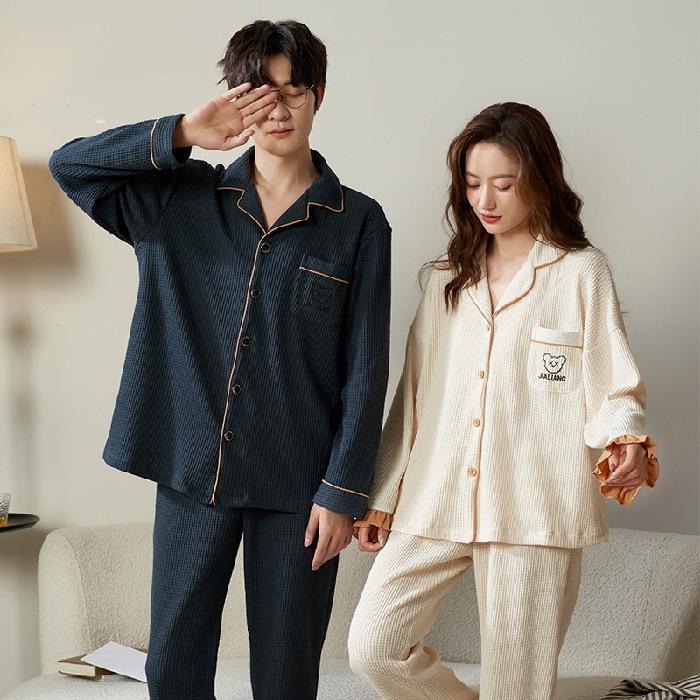 Cute Couple Pajamas: Women's Spring & Autumn Waffle Long Sleeves and Men's Casual Large Size Homewear