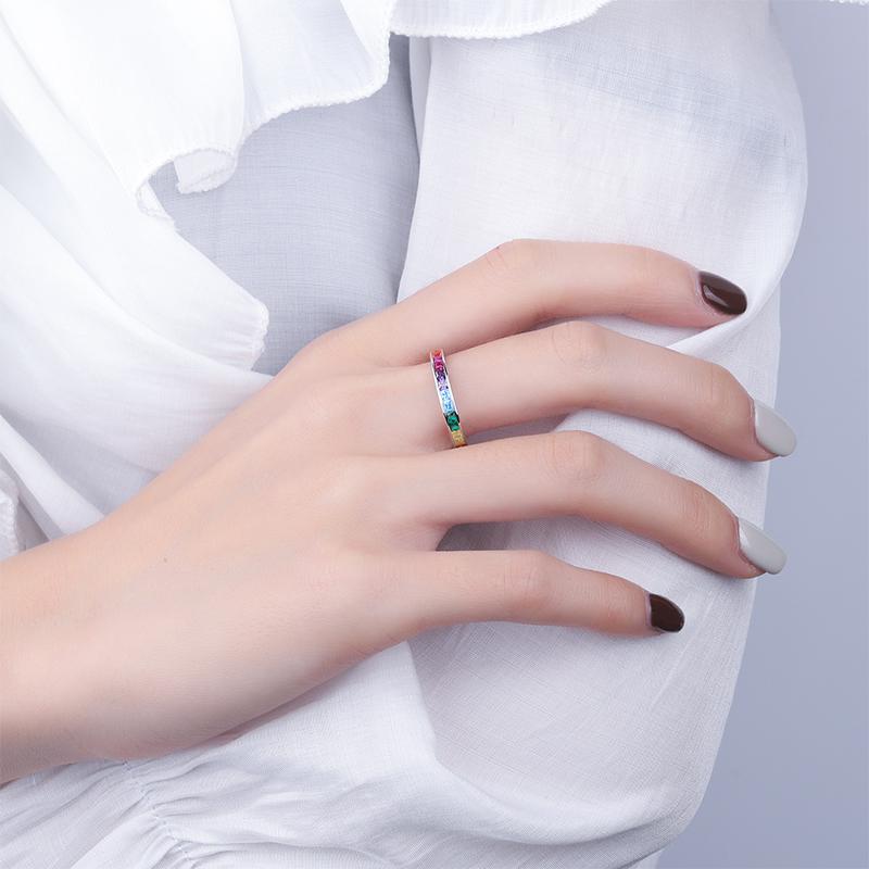 Stylish Rainbow Collection Square Full Of Zircon Couple Rings For Women Genuine Original Sterling S925 Silver Valentine Jewelry