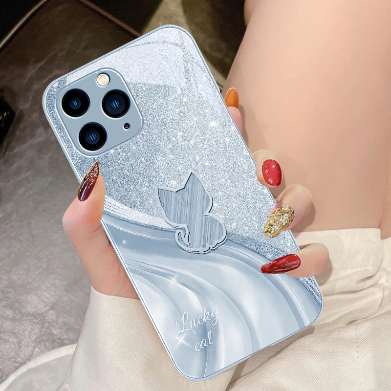 Сверкающий Алмазный Кот Для IPhone 16 Pro Max 15 Pro 14 13 12 Mini 11 XS Max XR 7 8 Plus SE 2022 Чехол из Закаленного Стекла