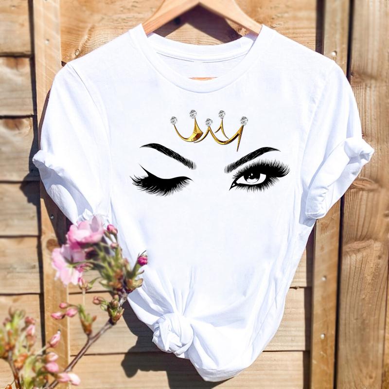 Women Print T-shirts Watercolor Eye Lashes Eyelashes Trend Graphic Tops Fashion Short Sleeve Summer Shirt Female Tees