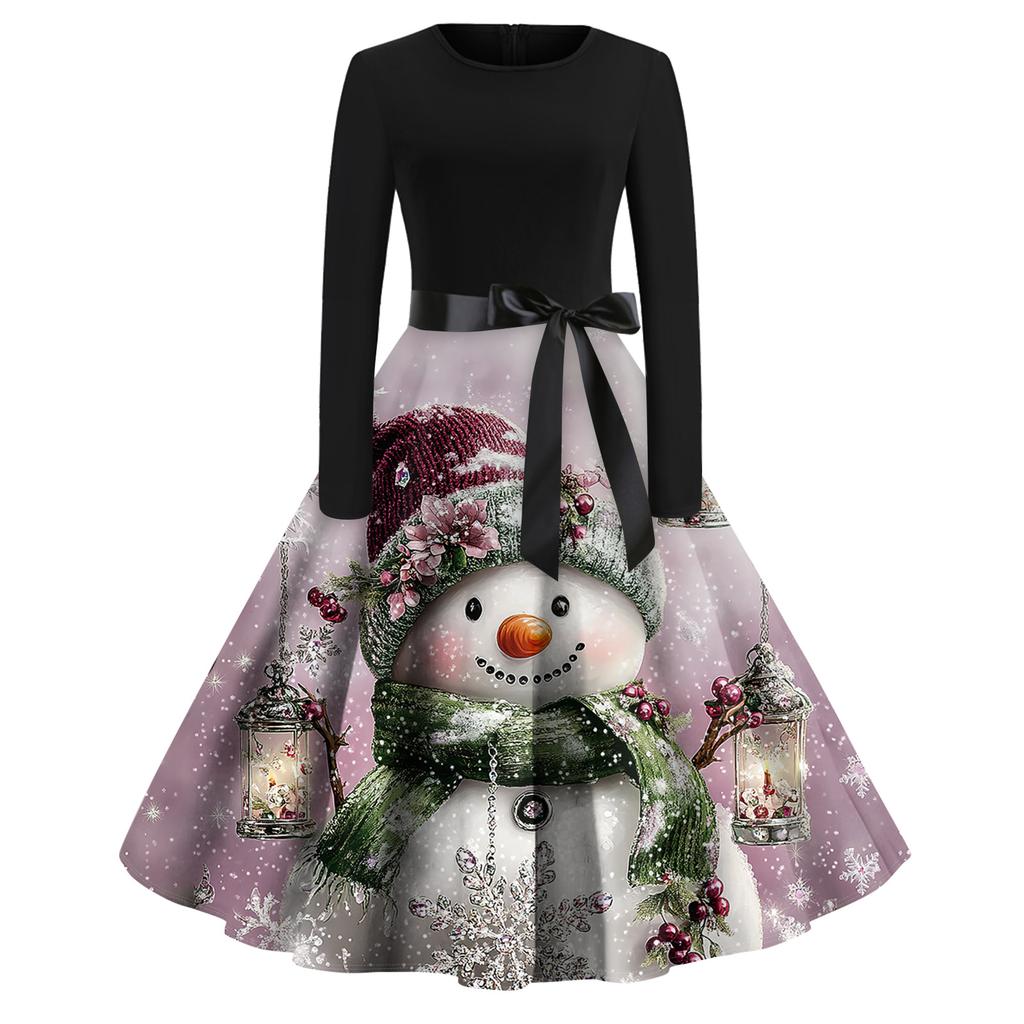 Christmas Print Flare Dress For Women Long Sleeve Dress Hollow Party Casual Dresses