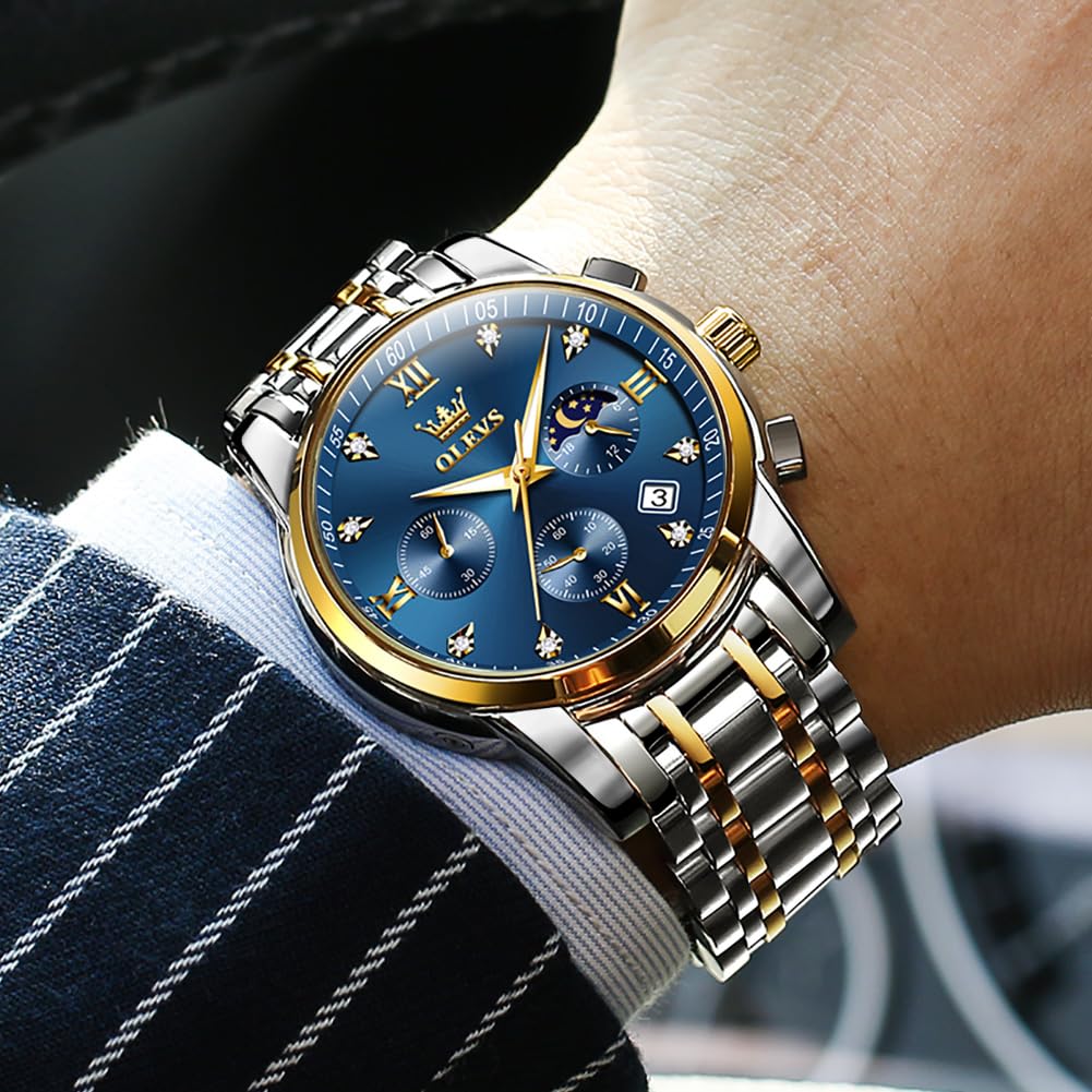 OLEVS часы для мужчин кварцевые фазы Луны таймер из нержавеющей стали простые модные водонепроницаемые светящиеся часы с датой для мужчин синие
