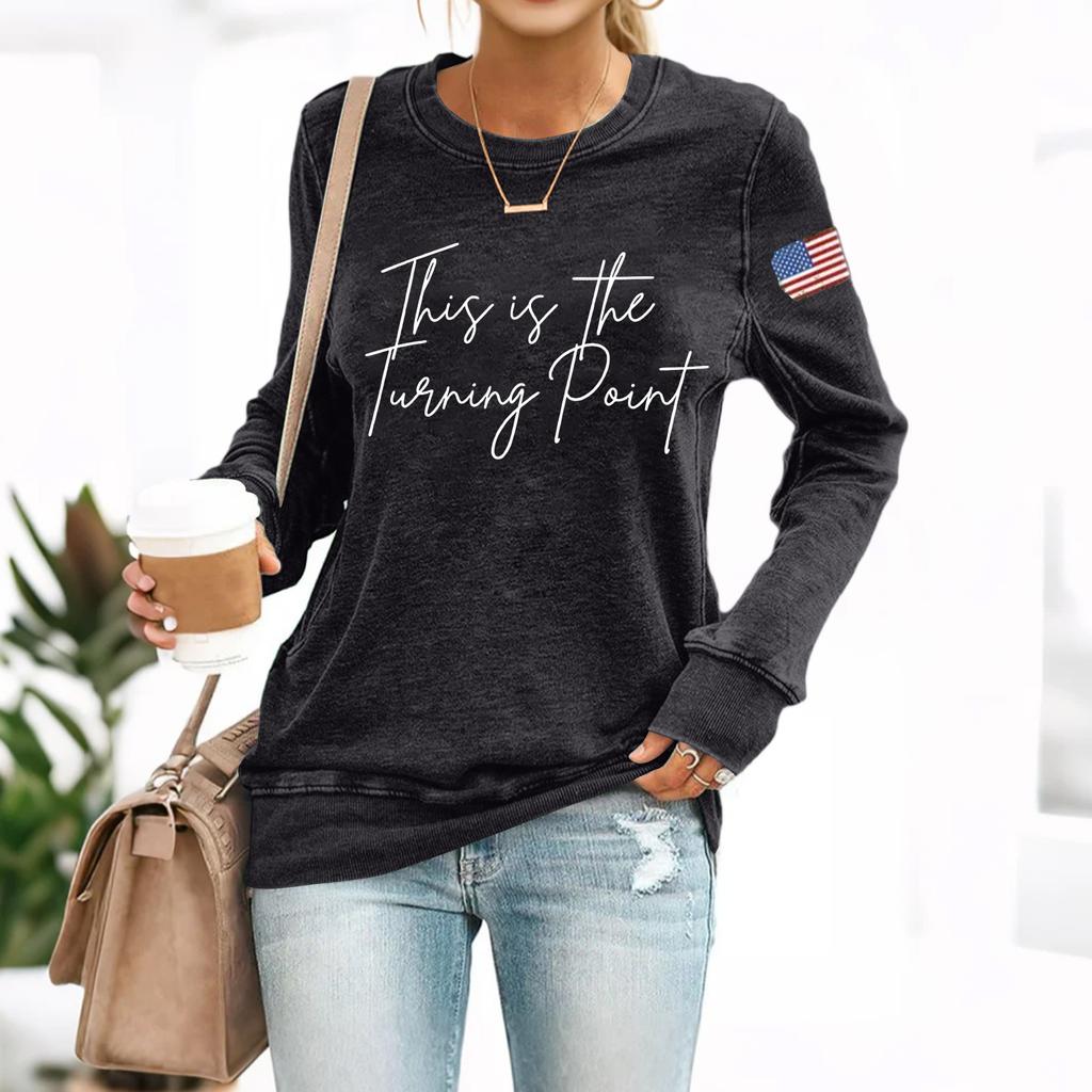 (THIS IS THE TURNING POINT) Women's Fashionable Casual Long-sleeved Printed Round Neck Sweatshirt Top