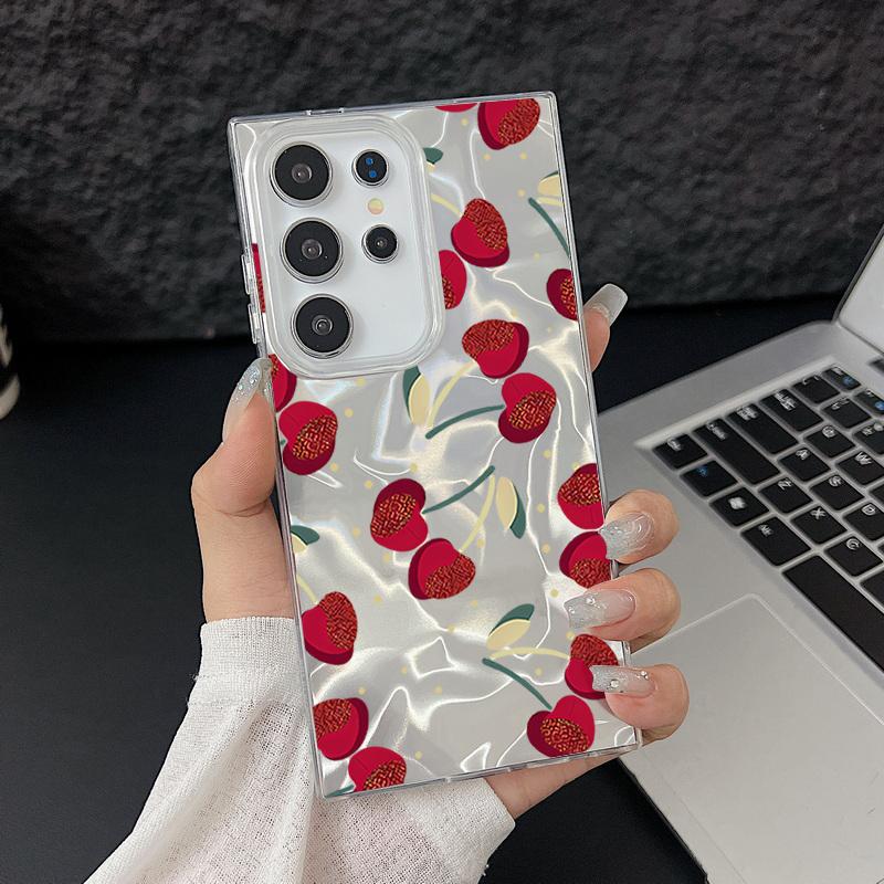 Чехол для телефона с перьями и узором вишни для Samsung S25 Ultra S24 FE S23 A56 A36 A16 A55 с мягким краем, тонкий, ударопрочный, блестящий, жесткий чехол-бампер из ПК