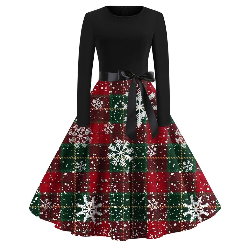 Christmas Print Flare Dress For Women Round Neck Long Sleeve Dress Casual Dresses