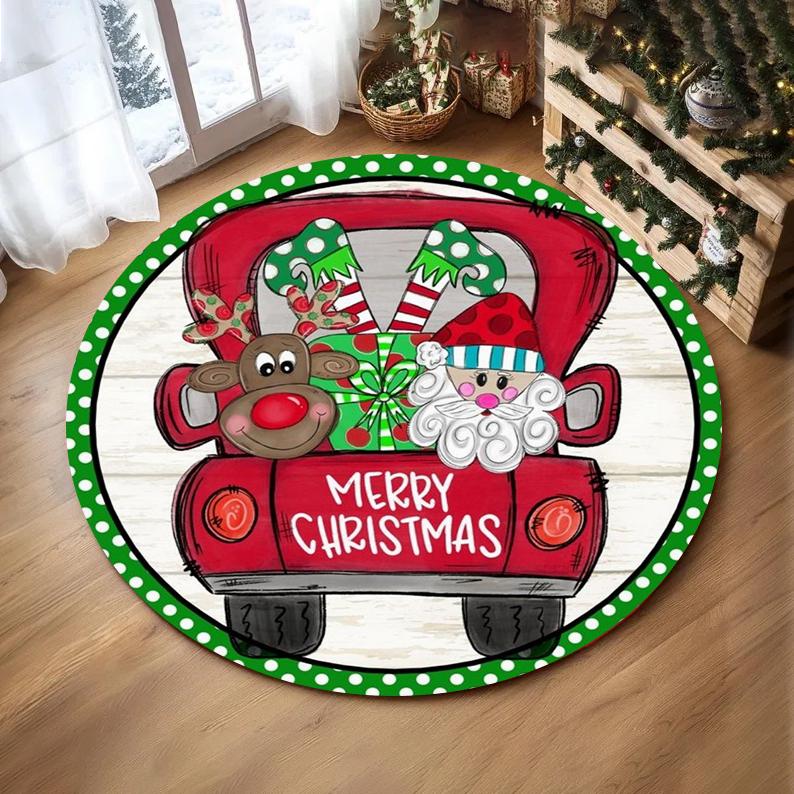 Christmas Ornaments Round Rug Merry Christmas Santa Rudolph Riding Home Mat Living Room Decor Sofa Rug Festival Event Carpet