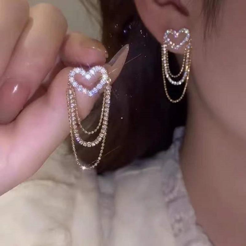Серьги-цепочки с кисточками Love, многослойные, корейские, в форме сердца, со стразами, для вечеринок, ювелирные изделия, подарки