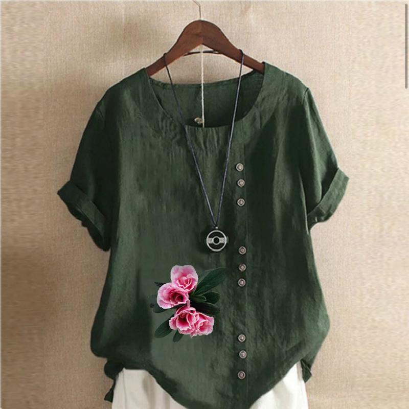 Women's Fashion Flowers Prined Round Neck Short Sleeve T-shirt Casual Cotton Linen Graphic Shirt Leisure Loose Summer Blouse Tops Plus Size
