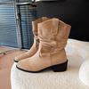 Hanyu матовые замшевые ковбойские сапоги женские 2025 ретро сапоги средней высоты голенища на толстом каблуке с присборенным голенищем женские