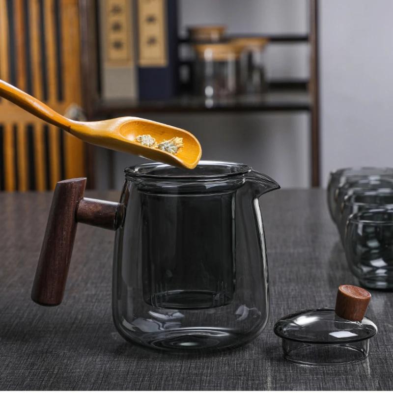 Glass Teapot Wood Handle Chinese Tea Ceremony Transparent Teawear Set Cup Filter High Boron Silicon Janpanese Pot