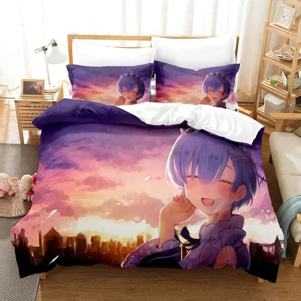 Аниме ReZERO - Жизнь с нуля в другом мире Комплект постельного белья Печатный комплект постельного белья с наволочкой Пододеяльник Мягкий Размер Queen Super King