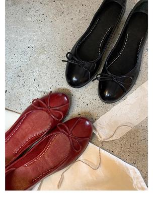 Вымытая лошадиная кожа~ Кожаные ретро туфли-лодочки с бантом женские 2025 новые с круглым носком из масляного воска балетки