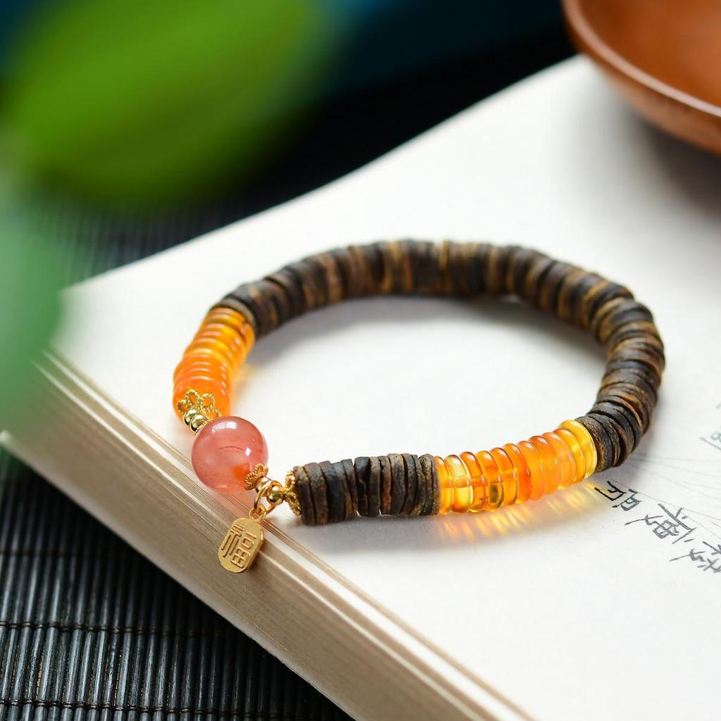 Nan Hong Agarwood & 925 Silver Fu Charm Bracelet with Medicine-Infused Beads