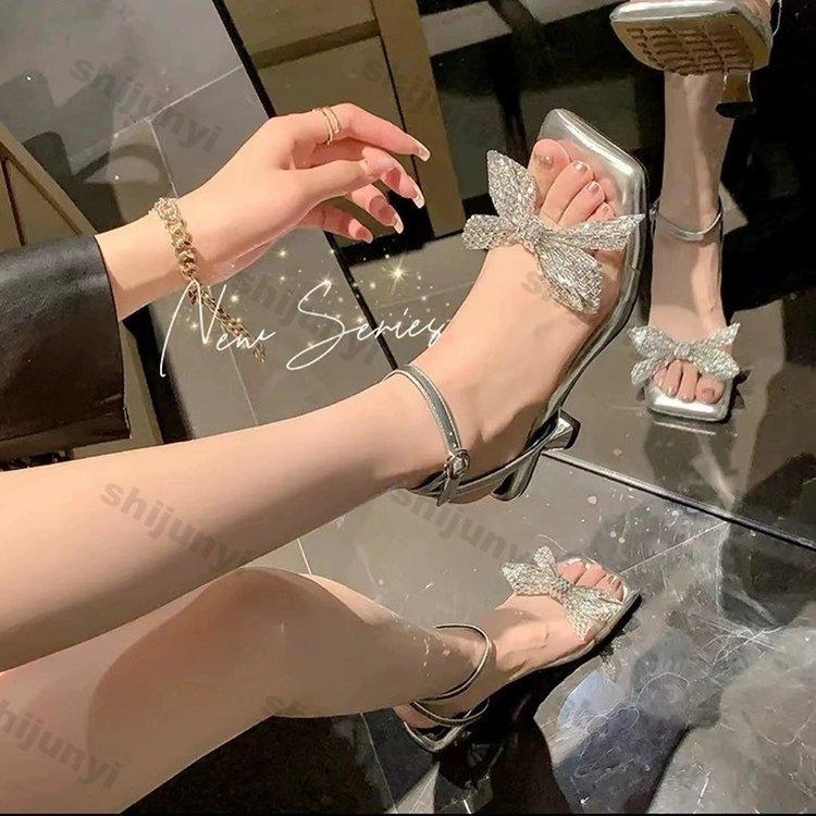 Fashion Large Size Women Summer Shoes 2025 Summer Thin Heels Square Toe Bow-knot High Heels Buckle Strap Women Fashion High Heel Sandals