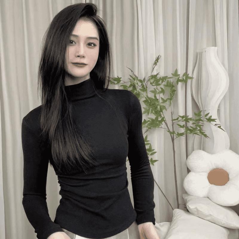 Осень Зима Половинный высокий воротник Однотонная Приталенная Футболка с длинным рукавом Женская Повседневная Универсальная Пуловер Футболка Топ