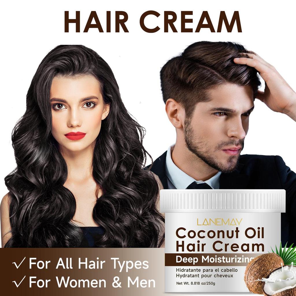 Coconut Oil Hair Cream-Providing Moisture for Softness, Shine, Reduced Frizz, and Healthy hair-For All Hair Types, Women and Men, 250ml