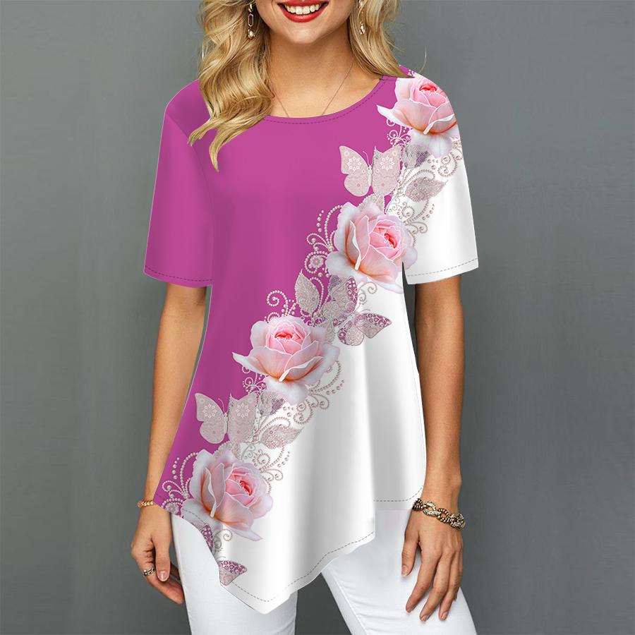 Women Plus Size Ladies Tee Shirts Rose Wreath Print Loose Casual Tops Female Irregular Summer Clothes