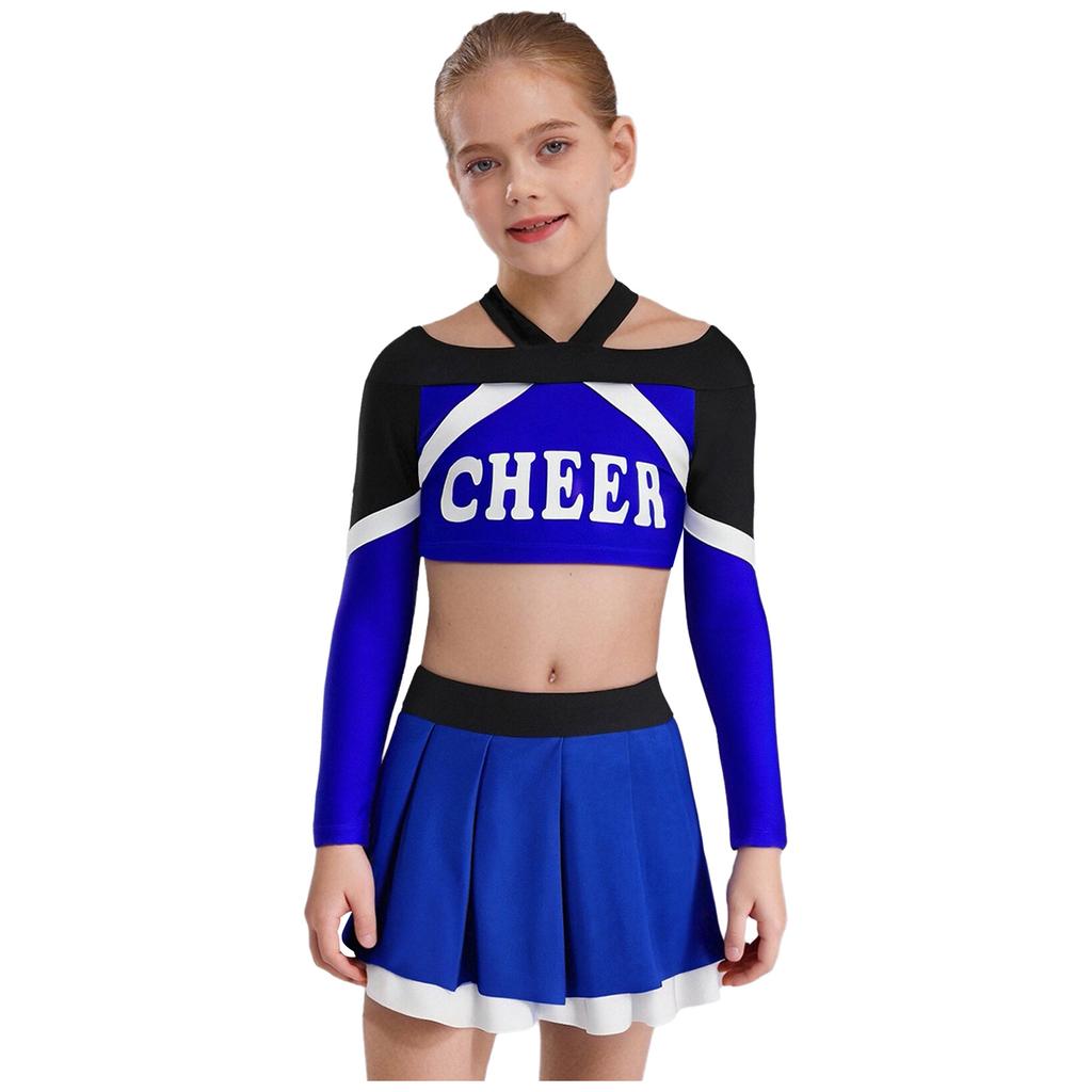 Girls Cheerleading Outfit Long Sleeve Letter Print Color Block Crop Top Pleated Skirt Set