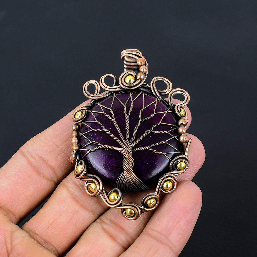 Tree Of Life Purple Flash Labradorite Gemstone Handmade Copper Wire Wrap Jewelry Pendant For Women