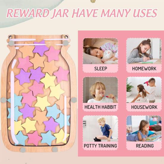 Wooden Reward Jar with 25 Colorful Stars Flowers Kids Students Potty Training Positive Behavior Chart System Home Classroom Management Tool