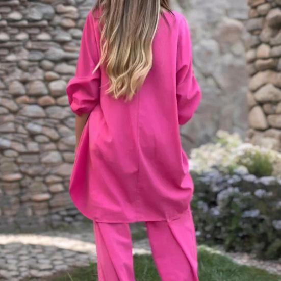 2 шт./комплект женский повседневный наряд с круглым вырезом и рукавом 3/4 средней длины топы с эластичной талией широкие длинные брюки комплект однотонная домашняя одежда