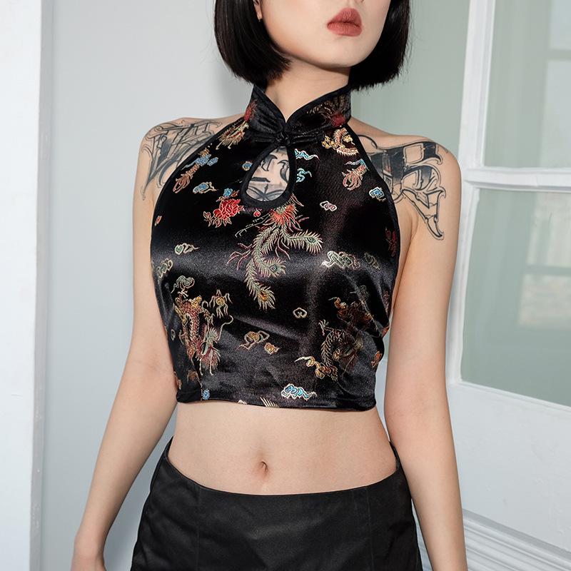Женские топы Cheongsam, традиционный традиционный китайский дракон с вышивкой, открытая спина, Холтер, винтажный вечерний укороченный топ с запахом, жилет