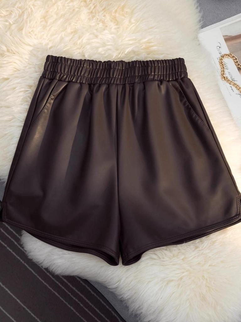 Женские шорты А-силуэта из искусственной кожи с высокой талией на осень/зиму 2023 года — облегающие, модные широкие брюки-ботфорты
