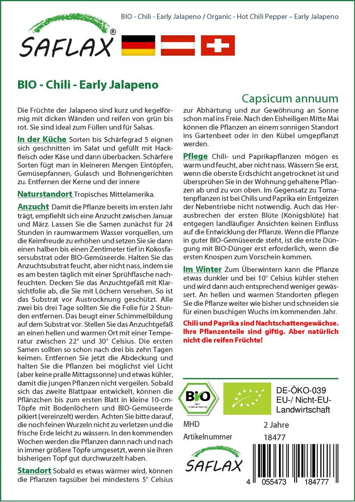 SAFLAX Сад в сумке - Органический - Острый перец чили - Ранний халапеньо - 20 семян - С субстратом в подходящем стоячем мешке - Capsicum annuum