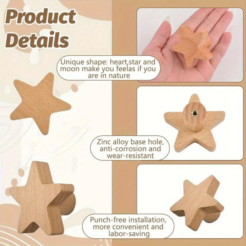 Богемные ручки для ящиков в форме звезды, 6 шт., деревянные ручки из бука для шкафов/ящиков/тумбочек, с винтами