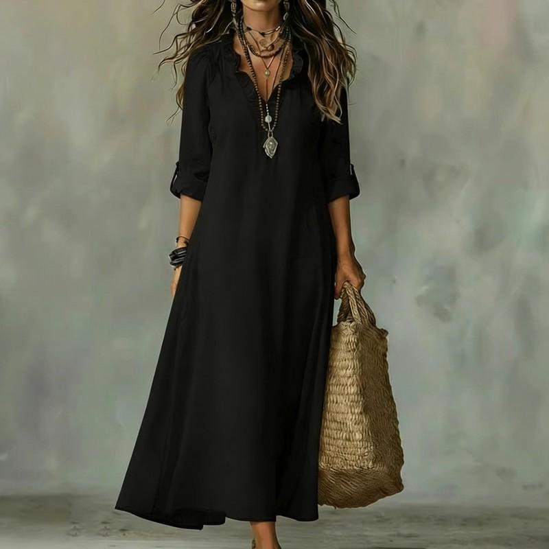 2026 Solid Color Long Sleeve Dress Loose Fit V Neck Maxi Women