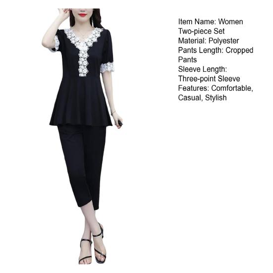 Женский летний повседневный комплект из двух предметов с V-образным вырезом, короткими рукавами, кружевной отделкой, брюками-семь четвертей, женский рабочий наряд