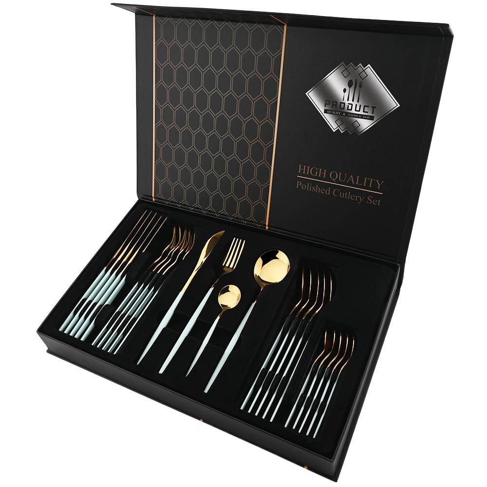 24 шт. золотой набор столовой посуды, набор посуды из нержавеющей стали, нож, вилка, ложка, роскошный набор столовых приборов, кухонные столовые приборы с коробкой, можно мыть в посудомоечной машине