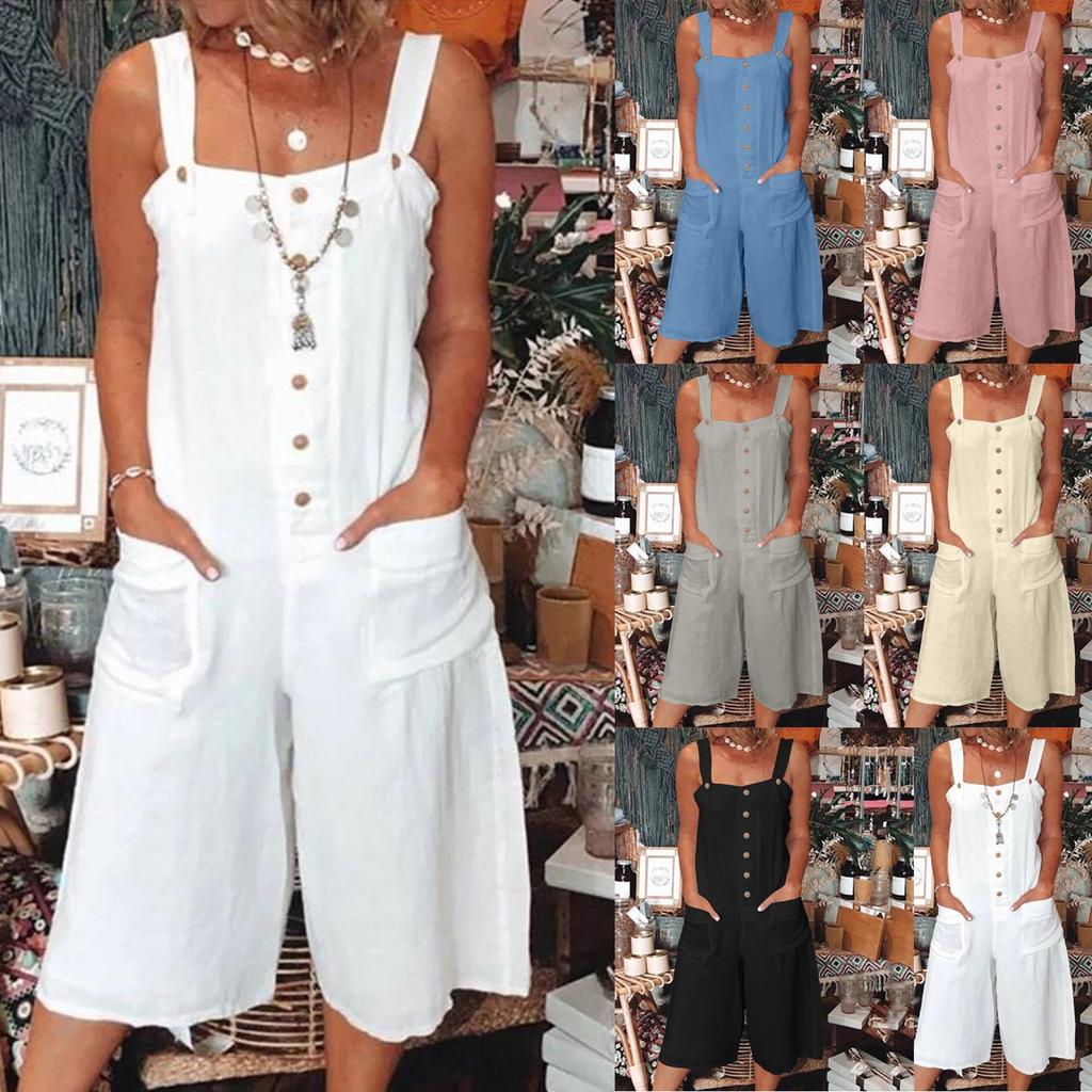 Женский повседневный комбинезон-капри без рукавов с широкими пуговицами и карманами