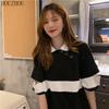 HOUZHOU Футболка ПОЛО женская летняя корейская свободная с коротким рукавом полая корейская шикарная повседневная оверсайз