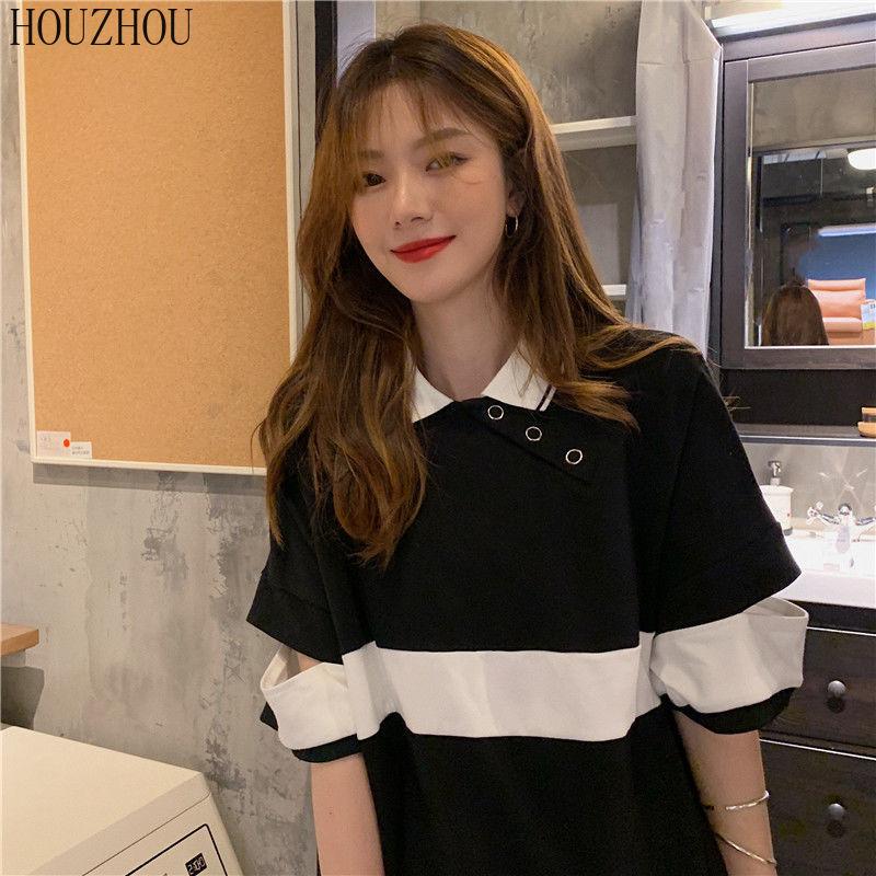 HOUZHOU Футболка ПОЛО женская летняя корейская свободная с коротким рукавом полая корейская шикарная повседневная оверсайз