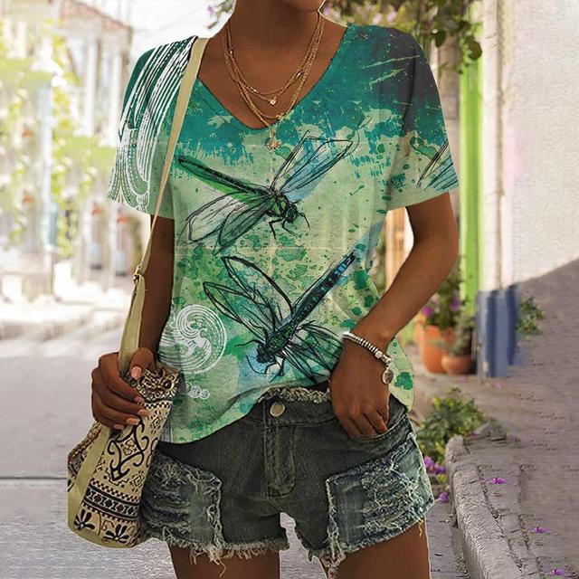 Женская футболка с принтом стрекозы, топы, одежда в стиле Харадзюку для женщин, летние повседневные футболки с v-образным вырезом и короткими рукавами, женский модный пуловер