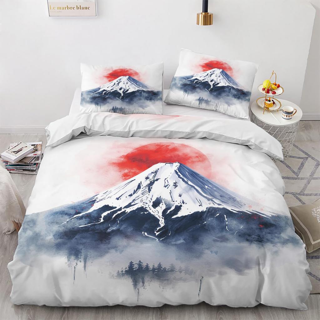 Mount Fuji Duvet Cover Twin Size Kids Cherry Blossoms Comforter Cover Set For Boys Girls Teens Natural Scenery Art Bedding Set