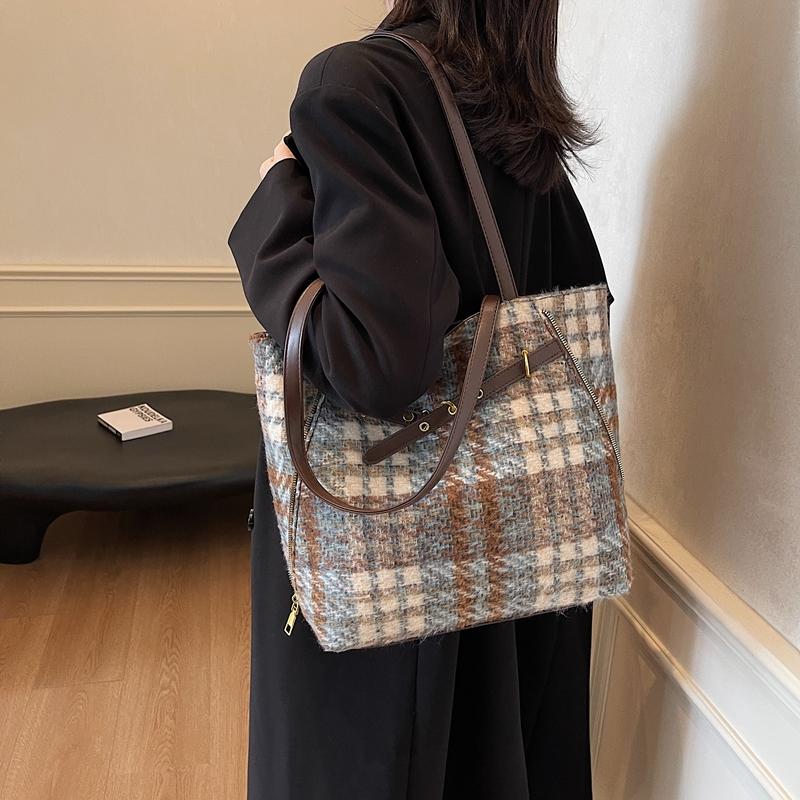 Шерстяная клетчатая сумка-тоут большой емкости женская сумка через плечо винтажная сумка