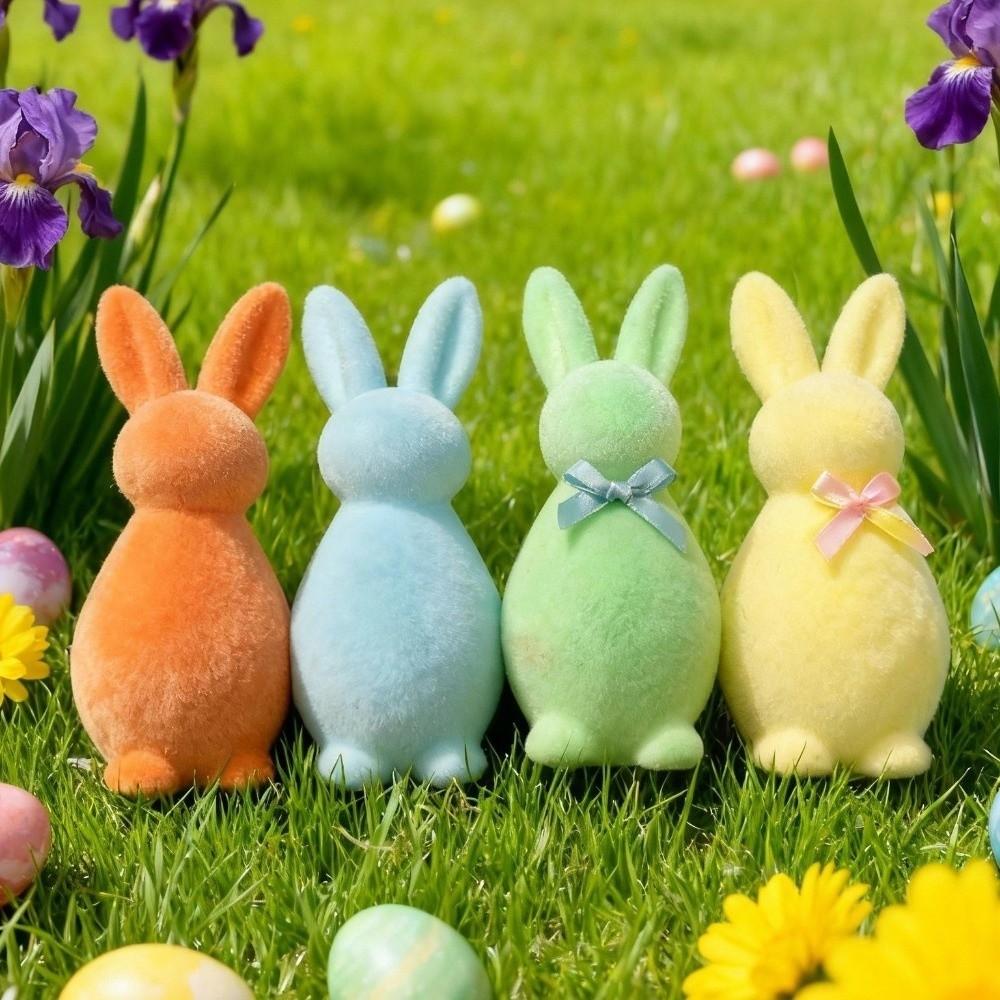 Пенные flocked кролики на Пасху с бантом, скульптуры кроликов, однотонные 3D статуэтки стоящих пасхальных кроликов, сувениры для вечеринки