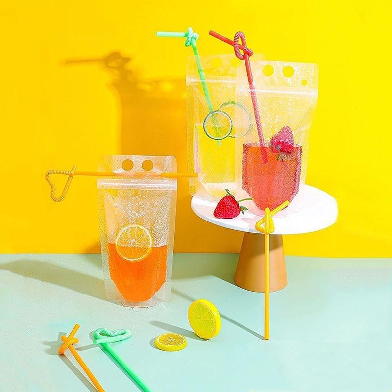 50 Pcs Drink Pouches Juice Bags Reusable Drink Cocktail Smoothies Pouches For Party Summer Fun Bags For Drink With 50 Straws