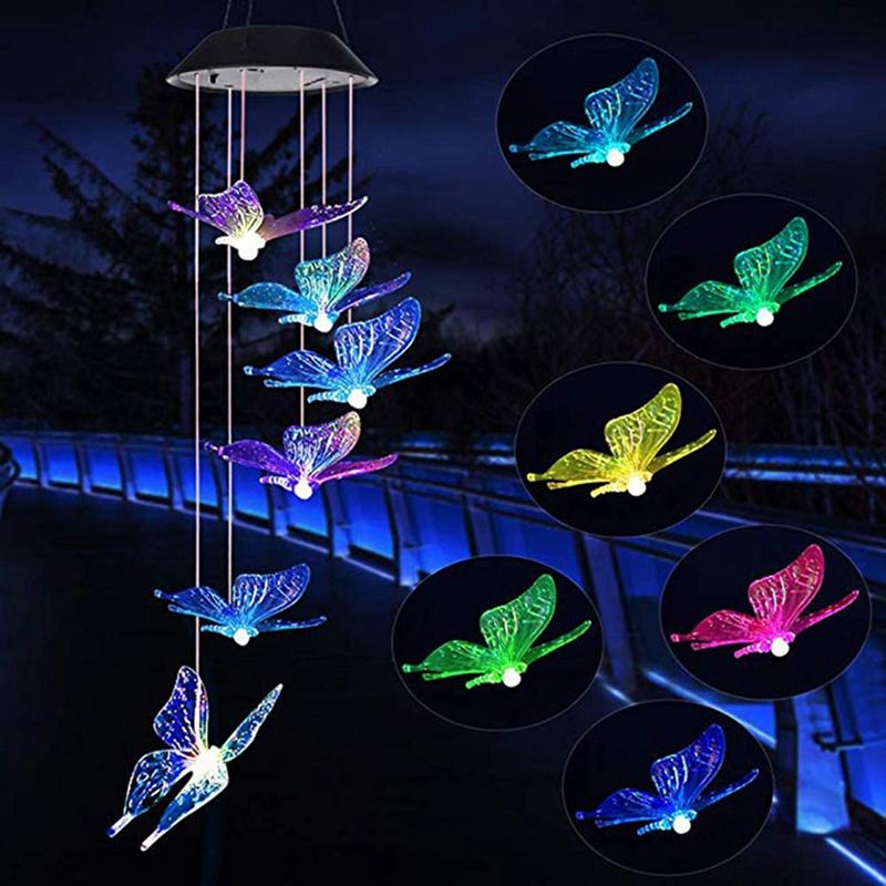 Solar Lights Outdoor Butterfly Dragonfly Hummingbird Wind Chimes Color Changing Waterproof Solar Powered Led Wind String Lights Hanging Lights