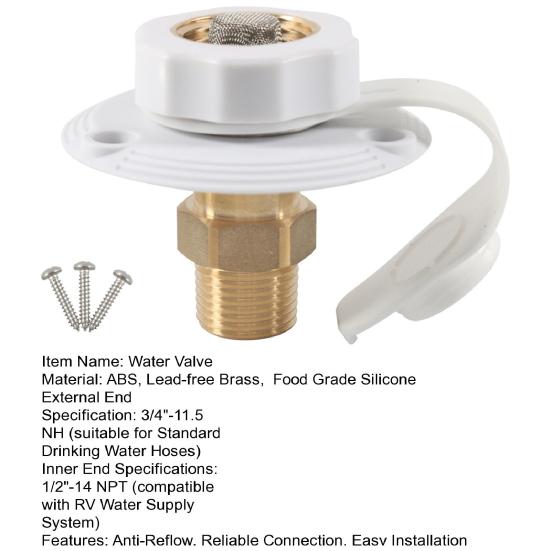 RV Water Inlet Adapter 3/4 NH To 1/2 NPT Thread with Check Valve Lead-Free Brass Food-Grade Silicone Water Valve for Campers Trailers