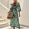 2024 Женское весенне-осеннее платье на шнуровке с узкой талией и геометрическим принтом с V-образным вырезом и рукавами три четверти, подходящее по цвету платье-миди с разделенным подолом в богемном стиле для отдыха